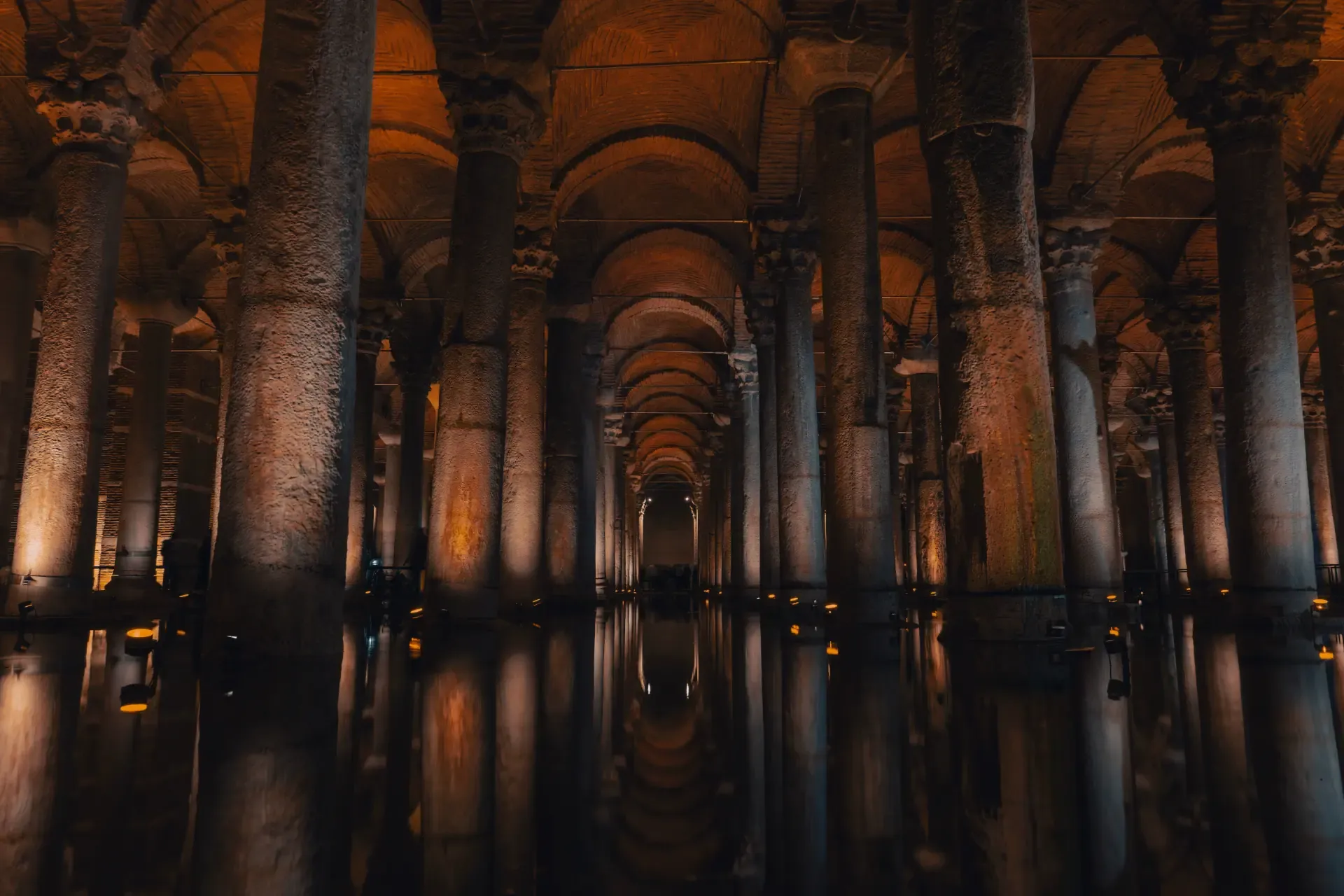 Rows of marble columns with Corinthian and Doric capitals in the Basilica Cistern, Istanbul