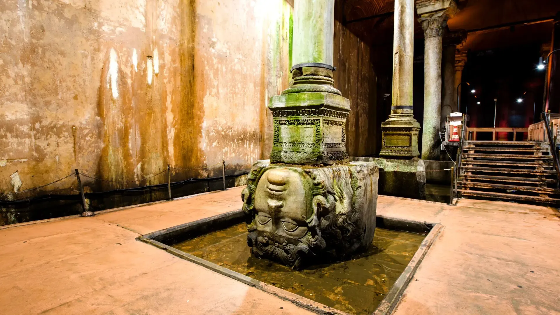 Sideways Medusa head column base in the Basilica Cistern, Istanbul