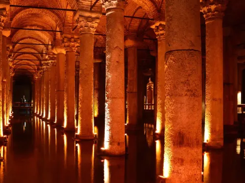 Tall columns inside the ancient underground water reservoir of Istanbul, named Basilica Cistern