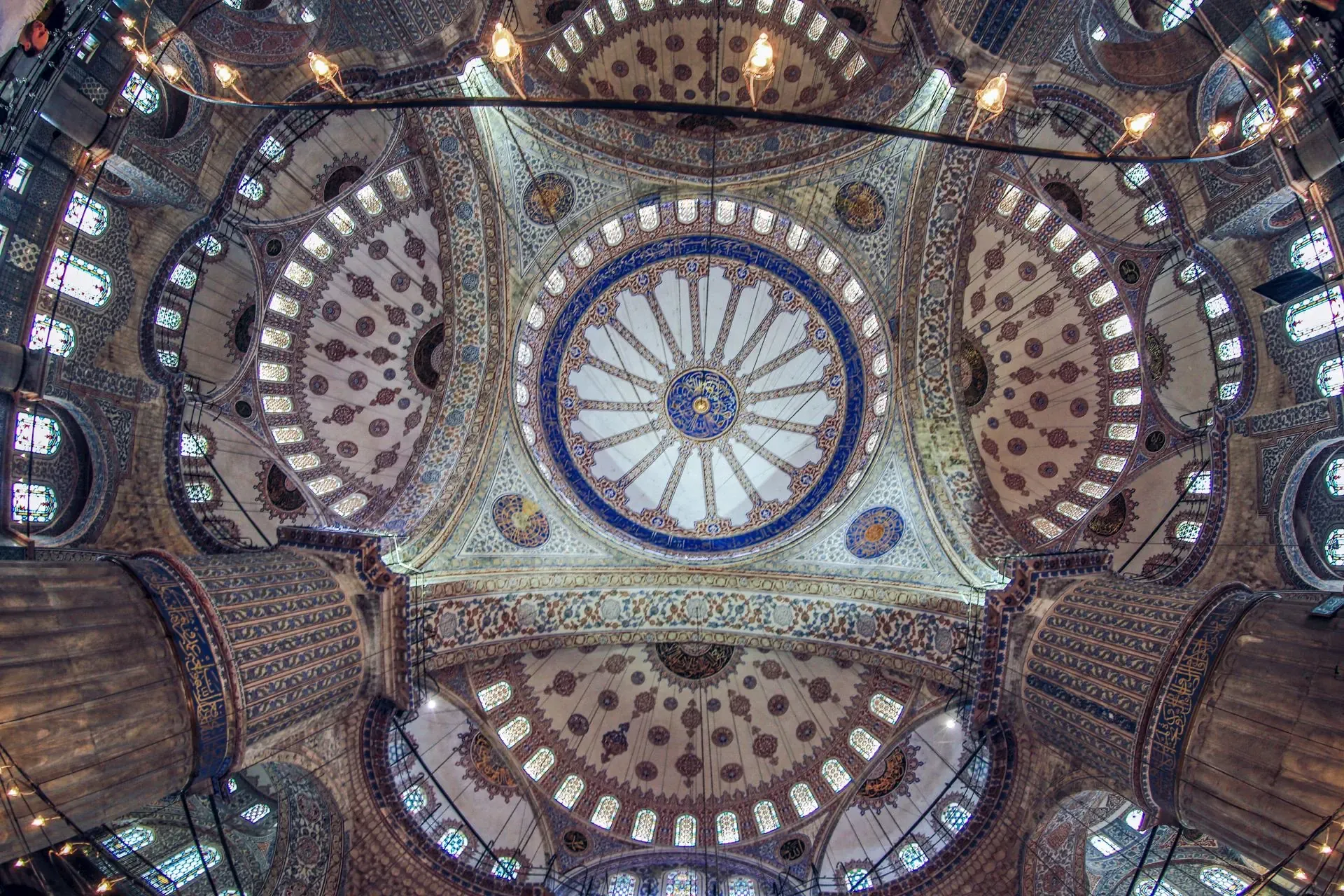 Intricate blue and turquoise Iznik ceramic tiles decorating the interior walls of the Blue Mosque