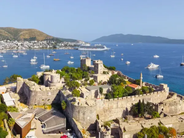 View of Bodrum Castle of St. Peter overlooking the luxury yacht marina and Aegean Sea