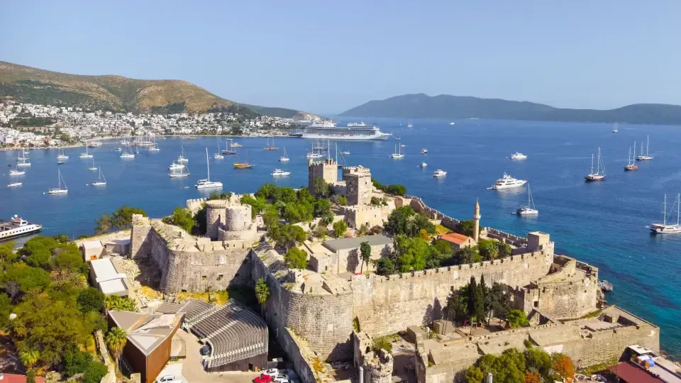 View of Bodrum Castle of St. Peter overlooking the luxury yacht marina and Aegean Sea