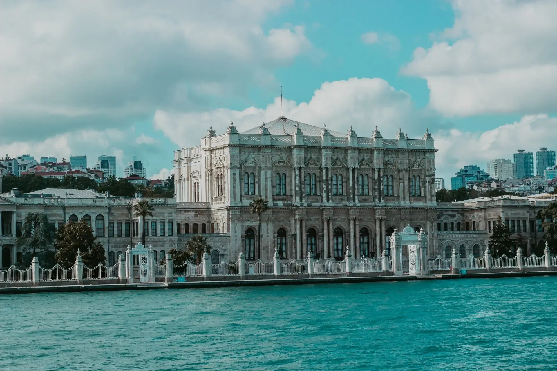 Dolmabahce Palace grand facade situated right on the Bosphorus waterfront in Istanbul