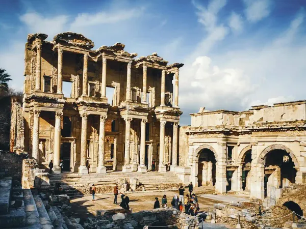 Ruins of the ancient city of Ephesus with a view of the Celsus Library and the Mazeus Mithridates Gate