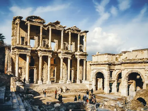 Ruins of the ancient city of Ephesus with a view of the Celsus Library and the Mazeus Mithridates Gate