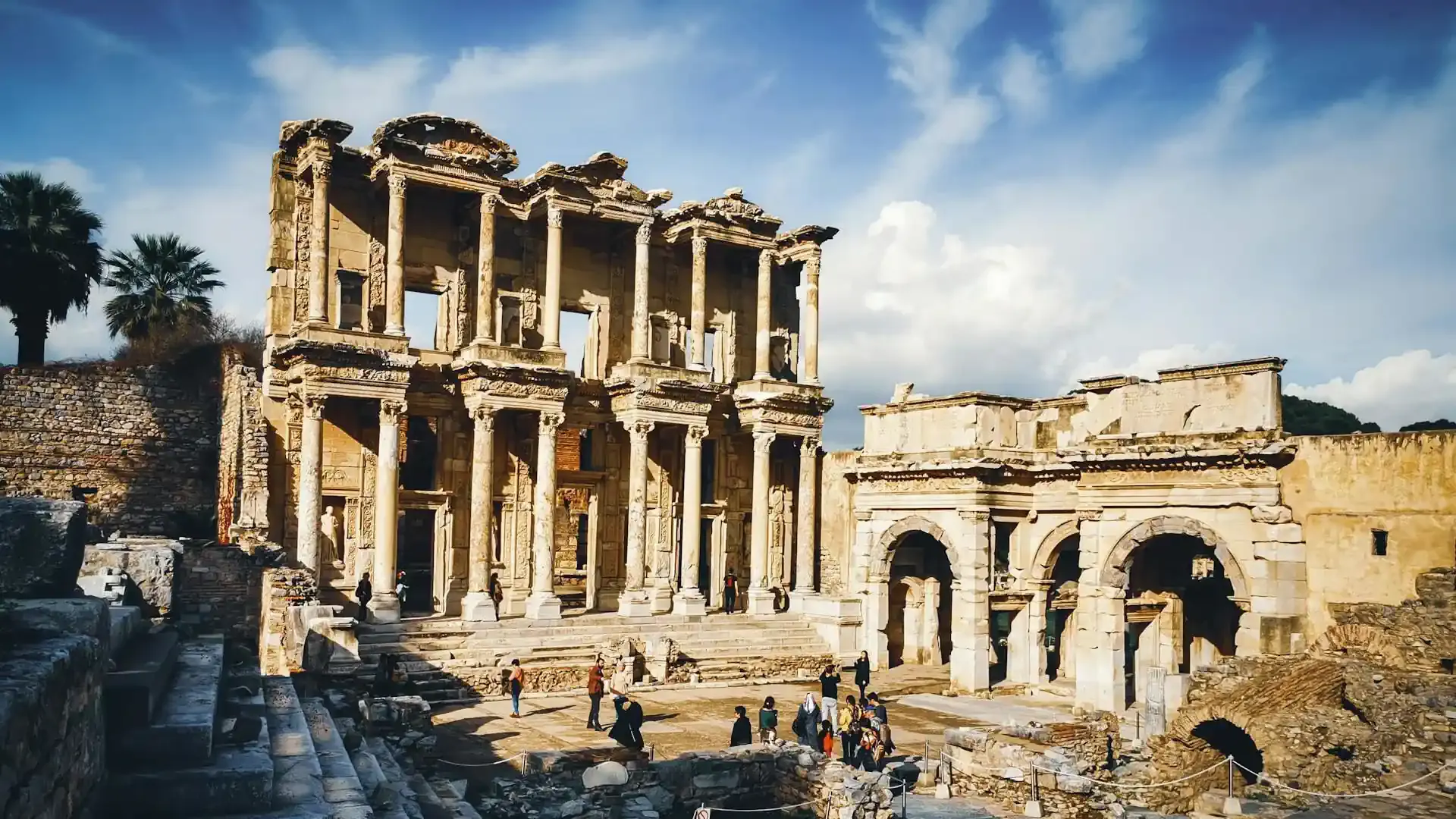 Ruins of the ancient city of Ephesus with a view of the Celsus Library and the Mazeus Mithridates Gate