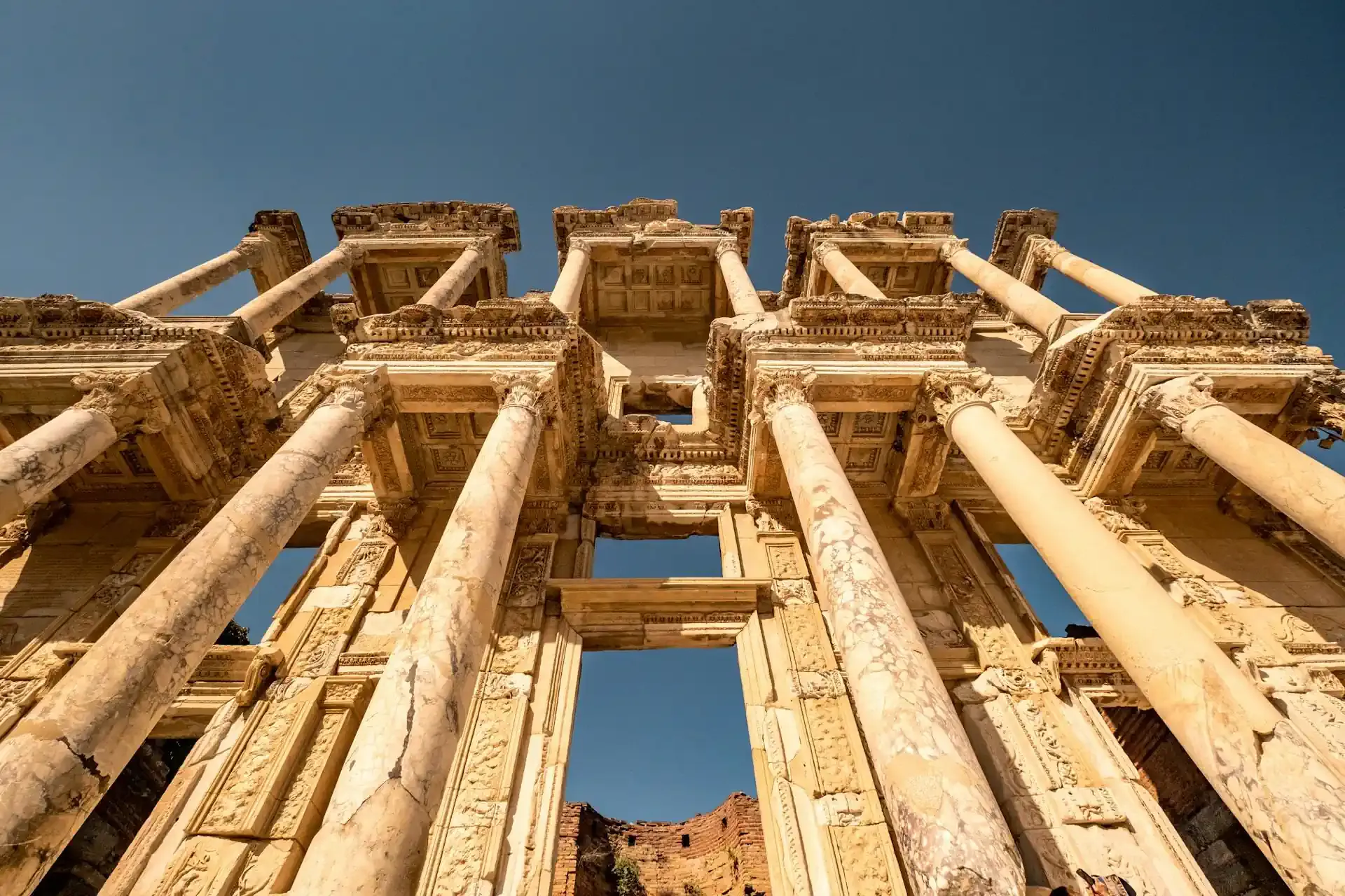 The monumental marble facade of the Library of Celsus in ancient Ephesus