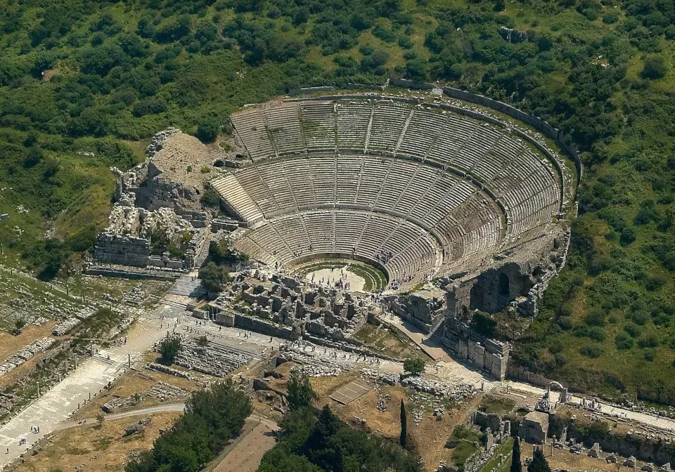 The massive stone seating rows of the historic Grand Theatre in Ephesus