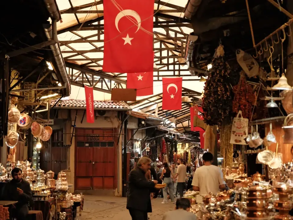 Historic stone street of the Coppersmith Bazaar in Gaziantep lined with coppersmith shops