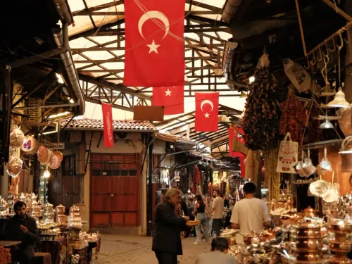 Historic stone street of the Coppersmith Bazaar in Gaziantep lined with coppersmith shops