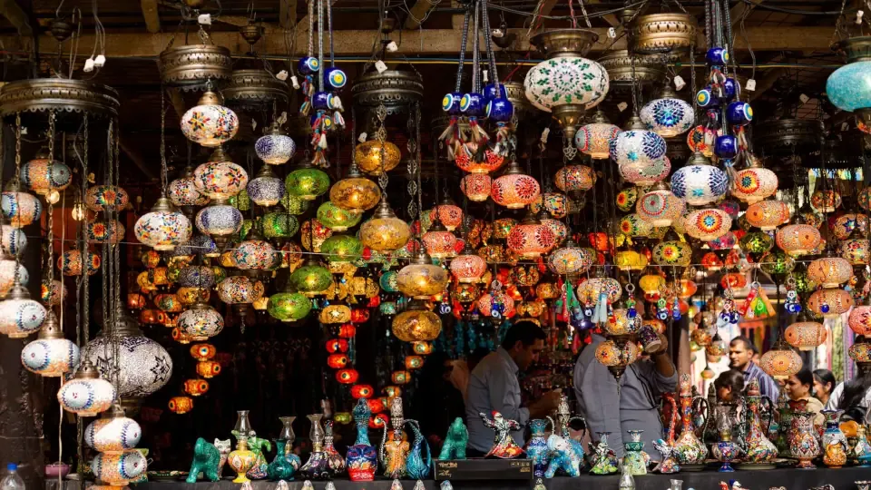 Hand painted Turkish Iznik ceramics and colorful mosaic glass lanterns inside the Grand Bazaar