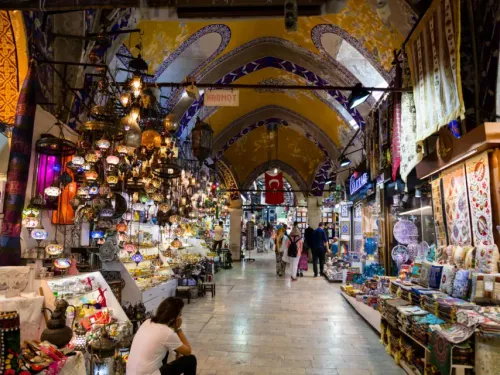 Arched, painted vaulted corridors of the Grand Bazaar lined with traditional shops