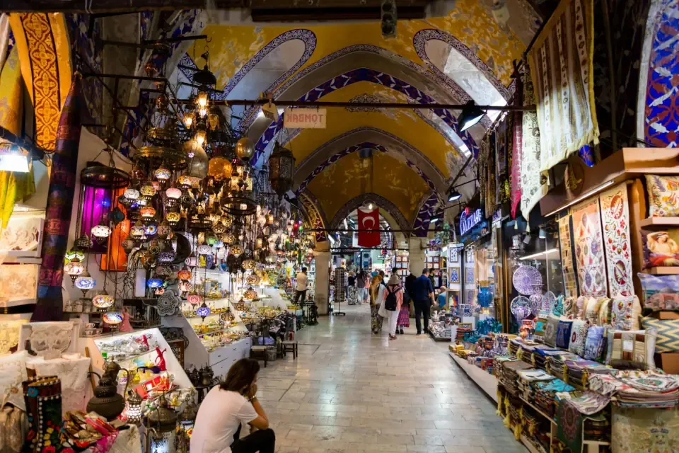 Arched, painted vaulted corridors of the Grand Bazaar lined with traditional shops