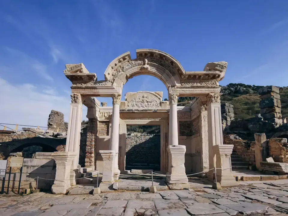 The ornate standing arch and carved reliefs of the ancient Temple of Hadrian in Ephesus