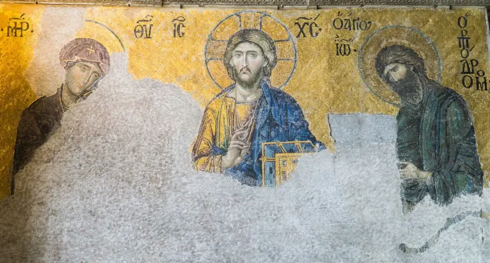 The golden Deesis mosaic in the historic upper gallery of Hagia Sophia