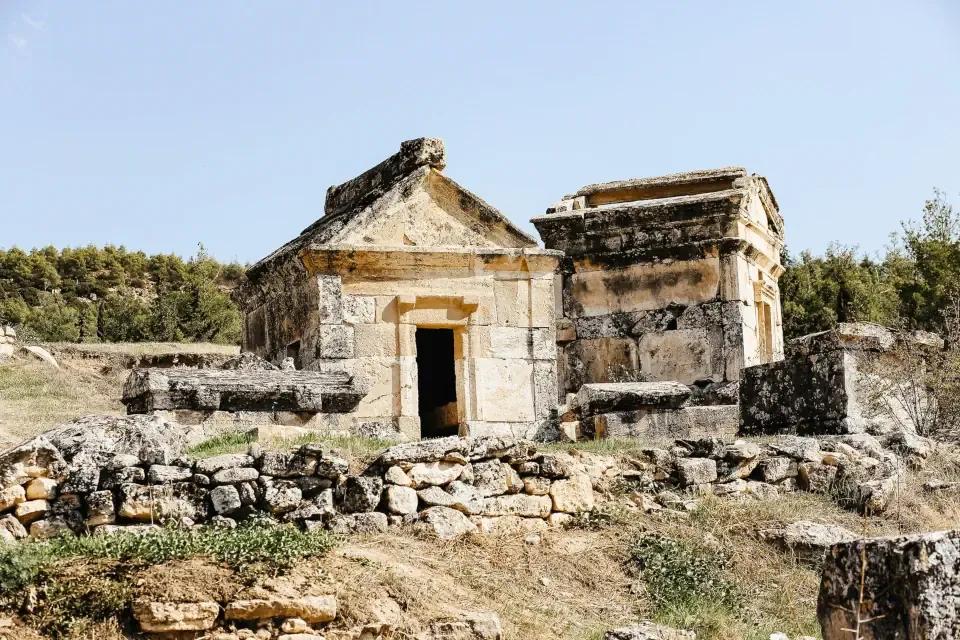 Ancient stone tombs and ruins of the massive Hierapolis Necropolis