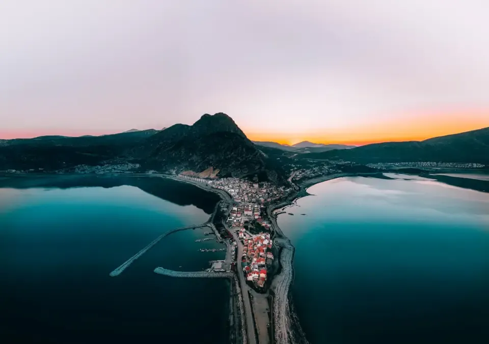 Panoramic view over the turquoise waters of Lake Egirdir and Yesilada island framed by mountains
