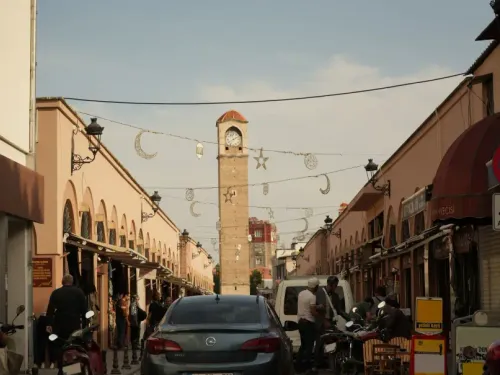 The Great Clock Tower over the brick arches of Kazancilar Bazaar in Adana