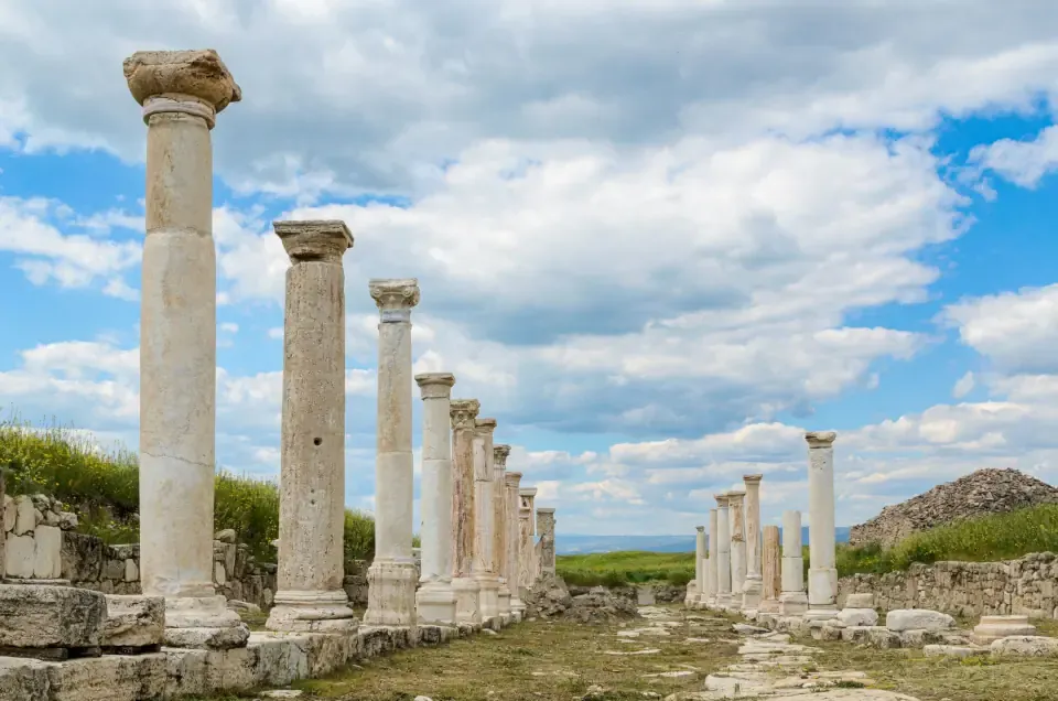The excavated stone columns and main streets of the ancient city of Laodicea