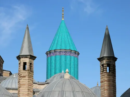The famous green tiled dome in the Mevlana Museum of Konya