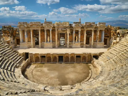 The ruins of the theatre of Hierapolis, the ancient site in Pamukkale