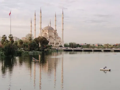A view of the Sabanci Central Mosque over the Seyhan River in Adana