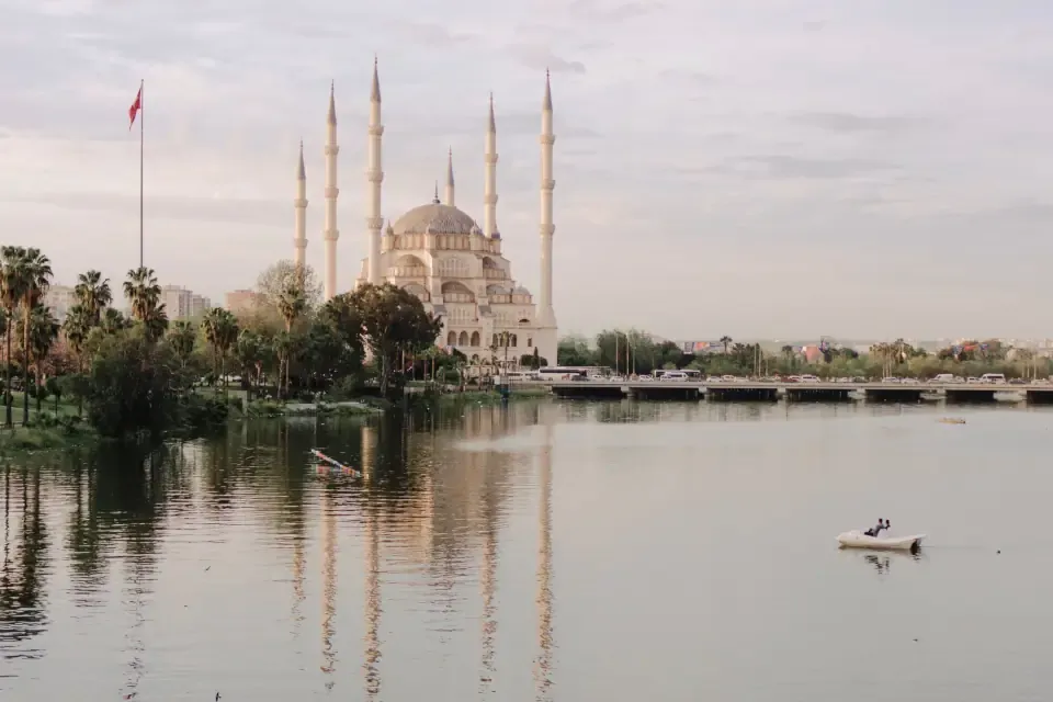 A view of the Sabanci Central Mosque over the Seyhan River in Adana