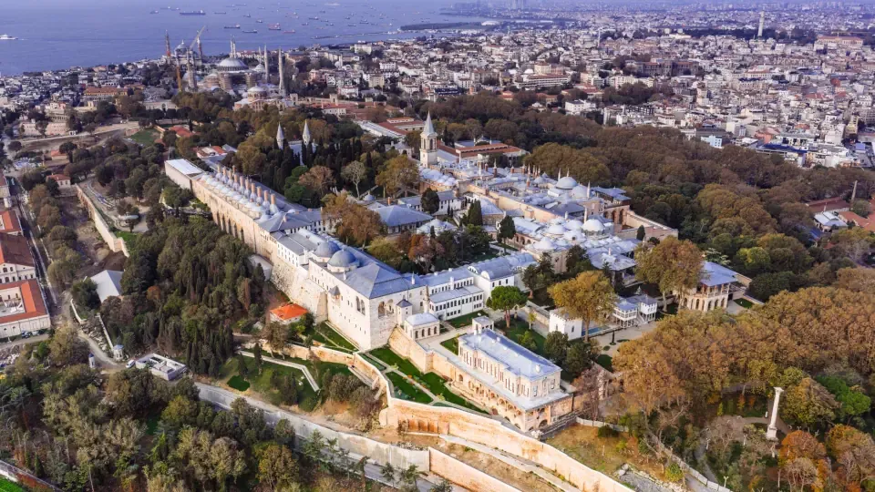 An aerial view of the historic Topkapi Palace complex overlooking the Bosphorus in Istanbul