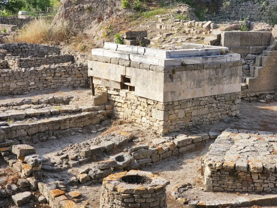 The ancient excavated stone temples and tiered layers at the Troy ruins
